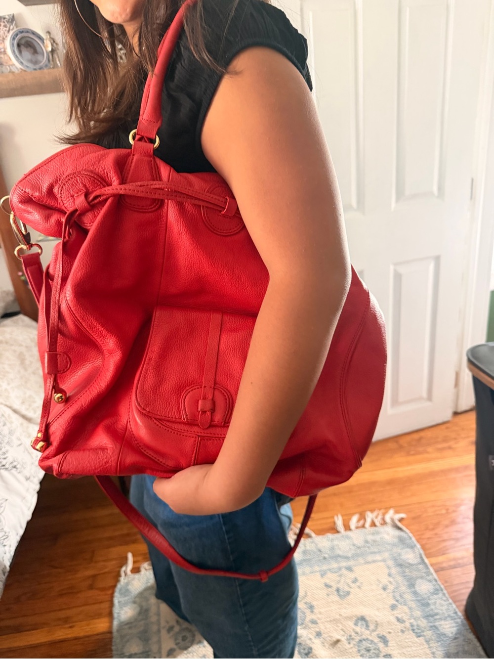 Isaac Mizrahi Red Leather Drawstring Shoulder Bag